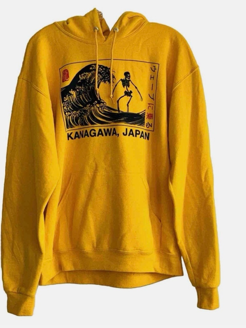 Bowery Supply Co Yellow Kanagawa Japan Graphic Hoodie sz M
